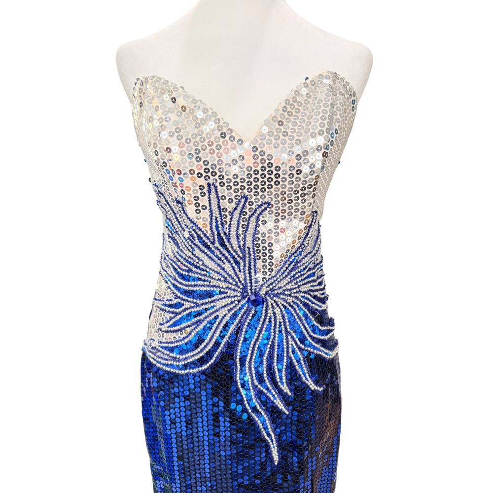 Alyce Designs 80's Sequin Gown Women Size 6 Blue Silver Vintage Beaded Starburst - Picture 2 of 16